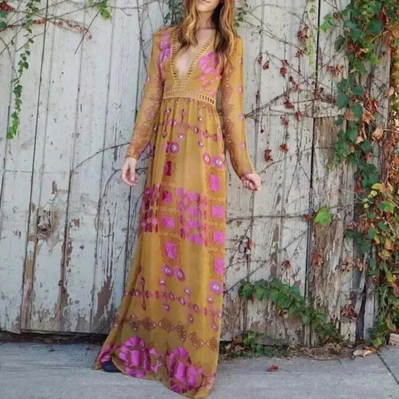 For Love & Lemons Barcelona Maxi Dress Silk Blend Mustard Yellow Sz XS - Picture 1 of 16